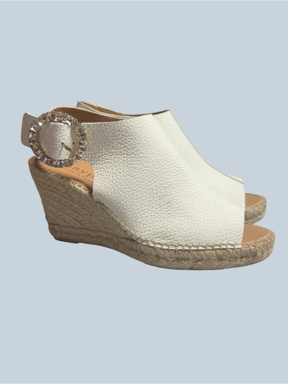 Maypol Made in Spain White Espadrille Wedge Sandals with Rhinestone Buckle - Picture 5 of 16